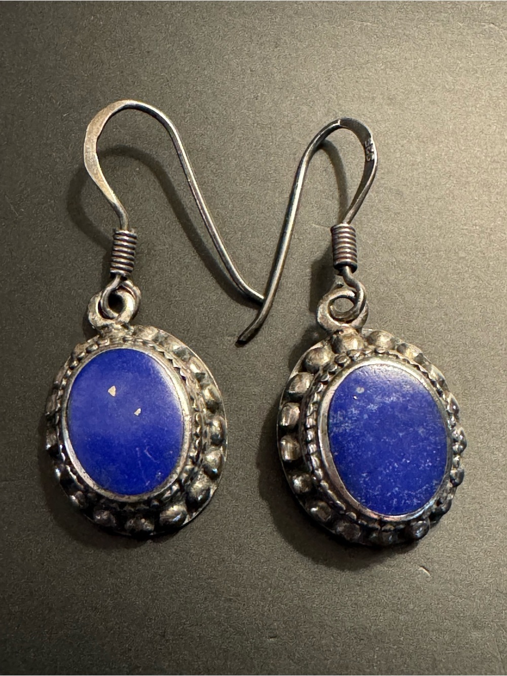 Sterling Silver Blue Stone Cabochon Artisan Dangle Earrings